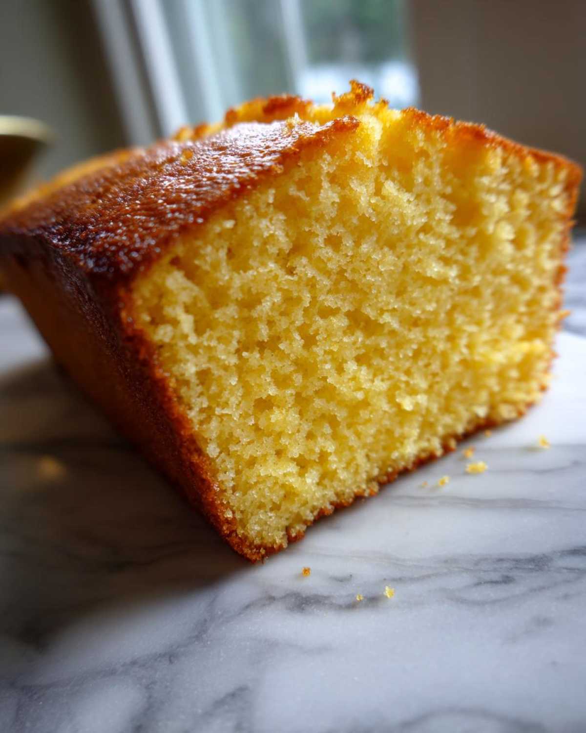 Close-up cross-section of moist buttermilk cornbread showing its fine, yellow crumb and golden crust.