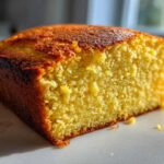 Close-up of a thick, moist slice of golden buttermilk cornbread showing its crumb texture and dark, baked crust.