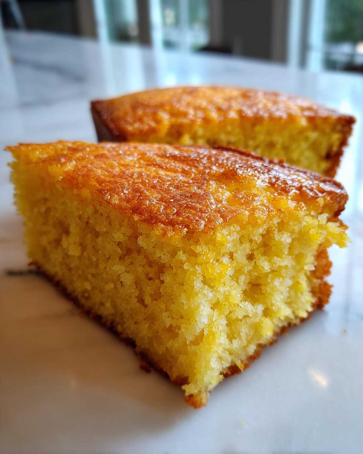 Close-up of a moist, golden slice of buttermilk cornbread showing its crumb texture.