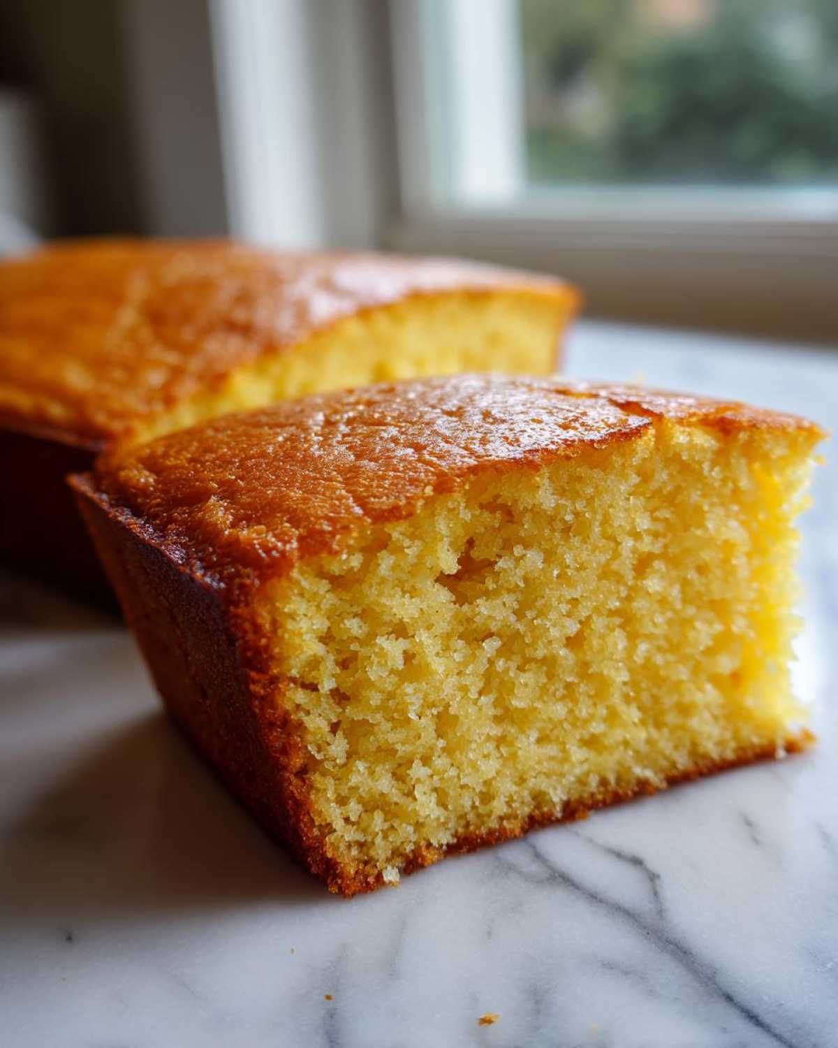 Close-up of a golden slice of moist buttermilk cornbread showing its crumb texture, with another loaf in the background.