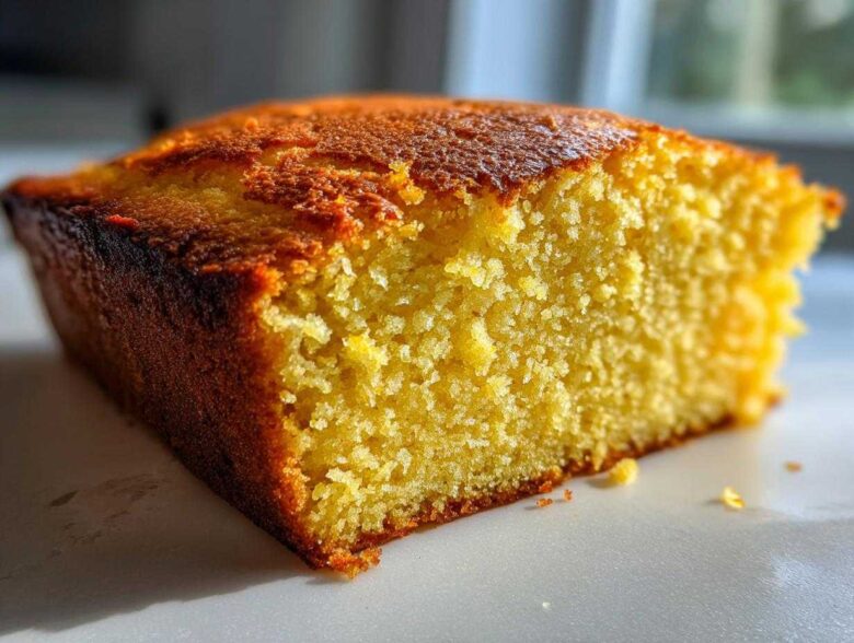 Close-up of a thick, moist slice of golden buttermilk cornbread showing its crumb texture and dark, baked crust.