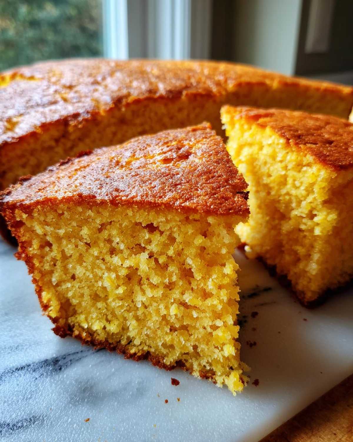 Close-up of two golden slices of moist buttermilk cornbread cut from the whole loaf.