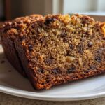 Close-up of a moist slice of date nut bread showing the rich texture, dates, and walnuts inside.