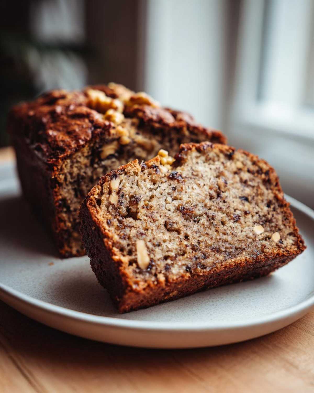 A thick slice of moist date nut bread showing visible nuts and dark fruit pieces, next to the main loaf.