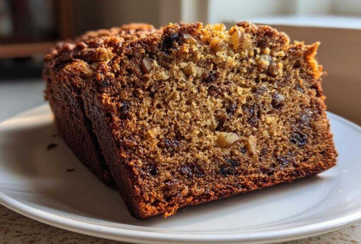 Close-up of a moist slice of date nut bread showing the rich texture, dates, and walnuts inside.