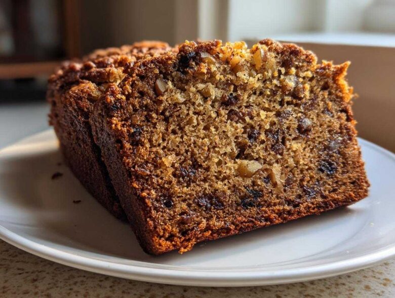 Close-up of a moist slice of date nut bread showing the rich texture, dates, and walnuts inside.