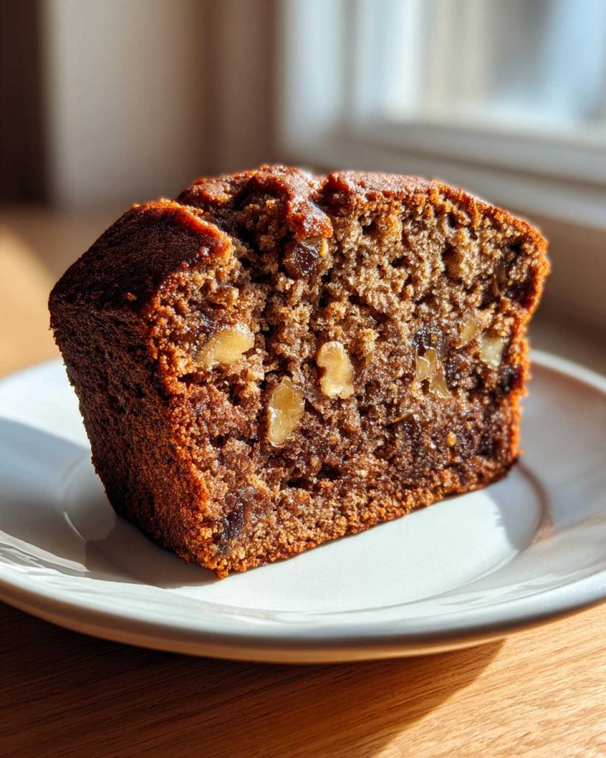 Close-up of a moist slice of date nut bread showing visible walnuts and dark, rich crumb.