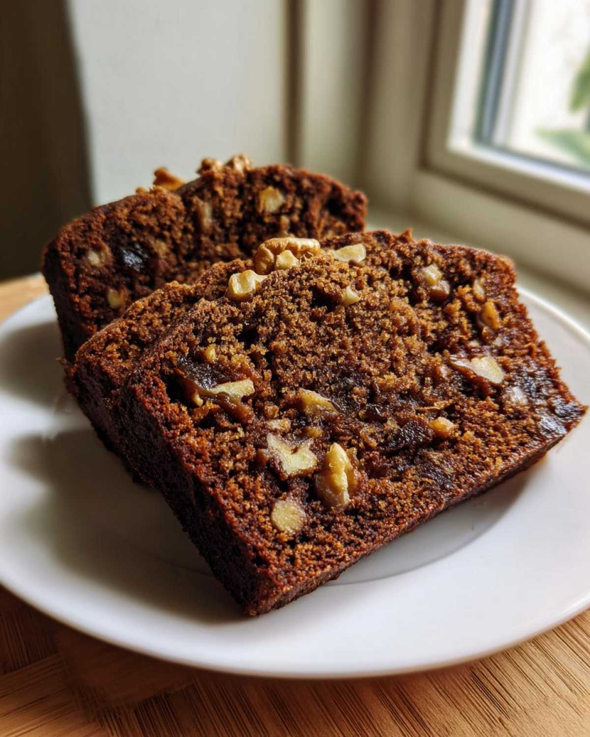 Two thick slices of moist date nut bread, studded with walnuts and dark fruit pieces, served on a white plate.