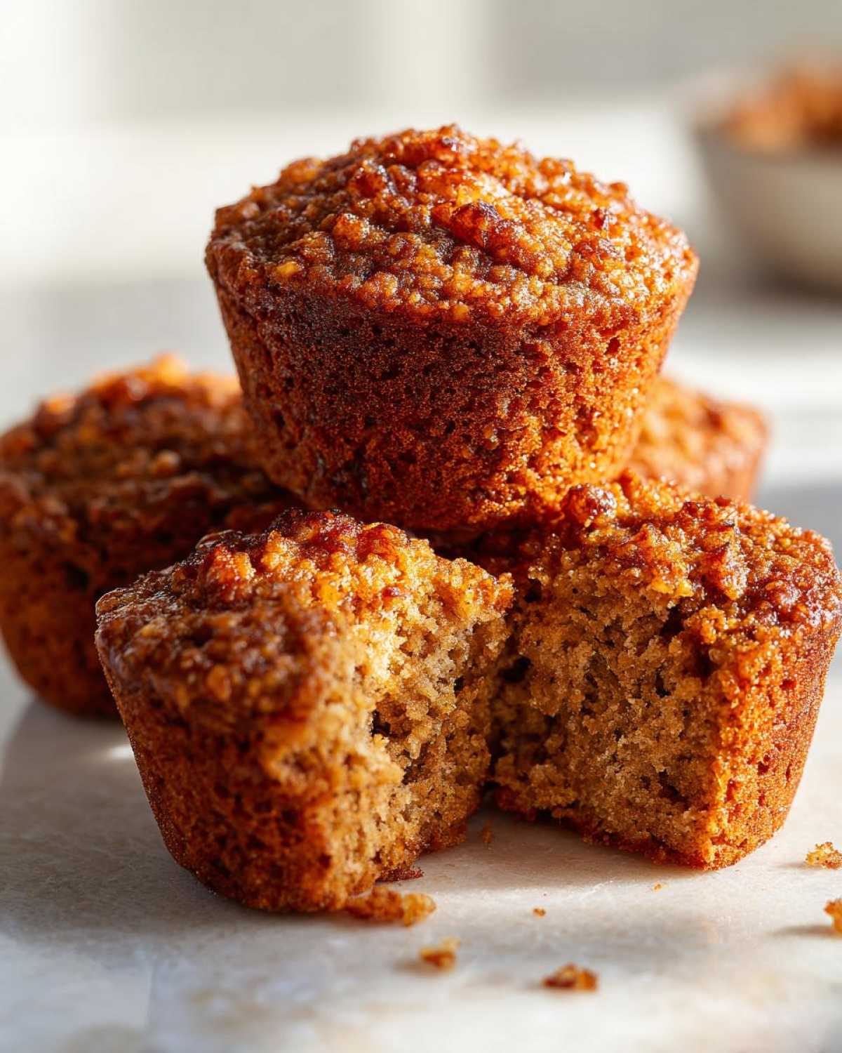 Close-up of several moist honey bran muffins, one broken in half showing the texture.
