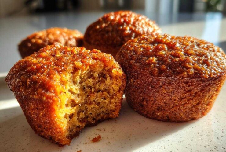 Close-up of several moist, golden-brown honey bran muffins, one with a bite taken out showing the texture.