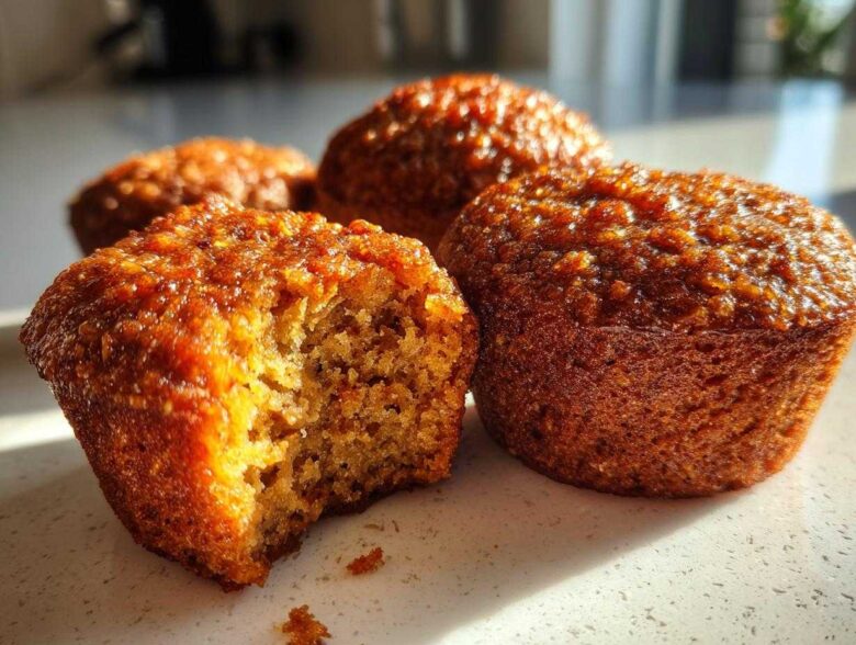 Close-up of several moist, golden-brown honey bran muffins, one with a bite taken out showing the texture.