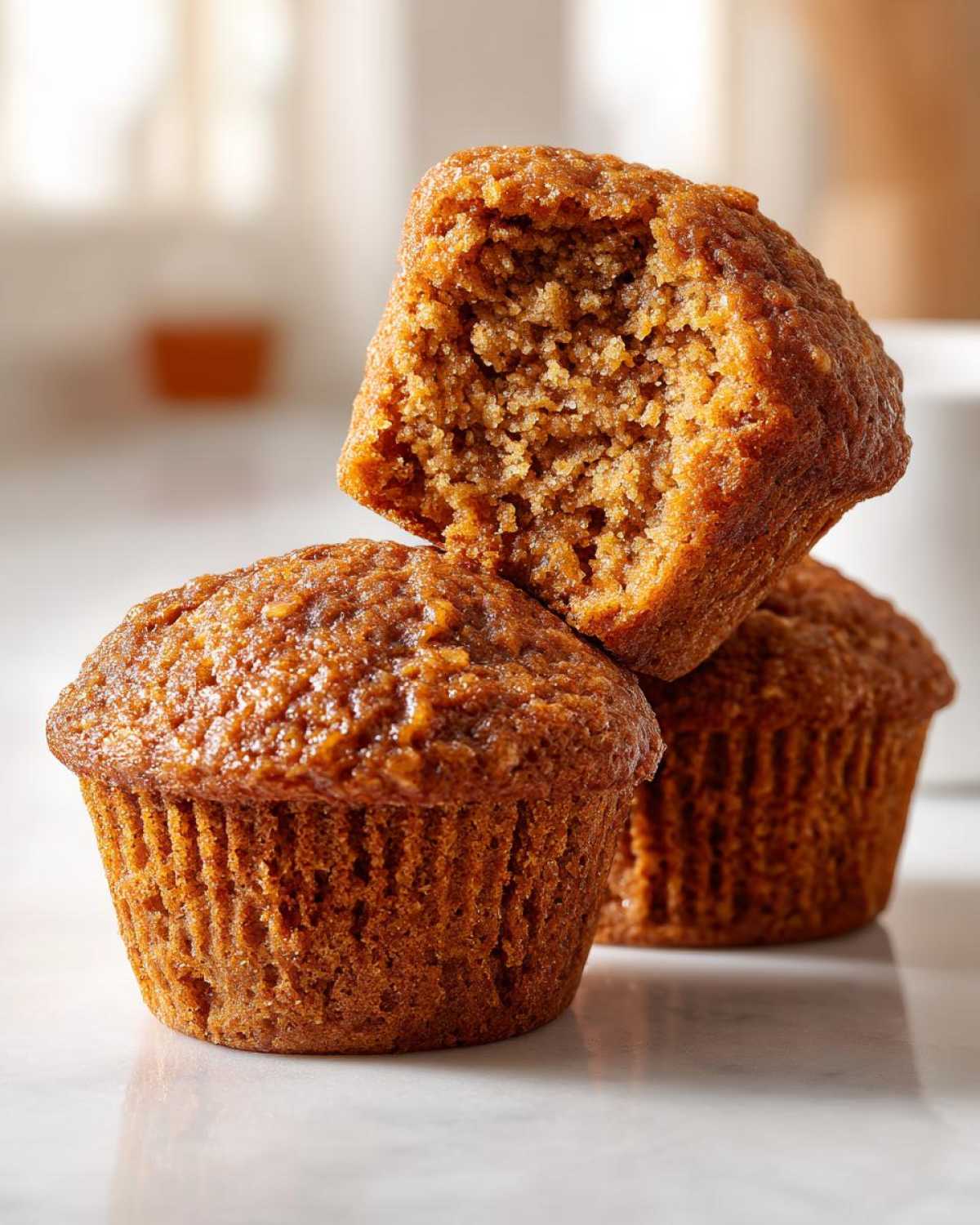 Three moist honey bran muffins stacked, with the top one broken open to show the textured interior.
