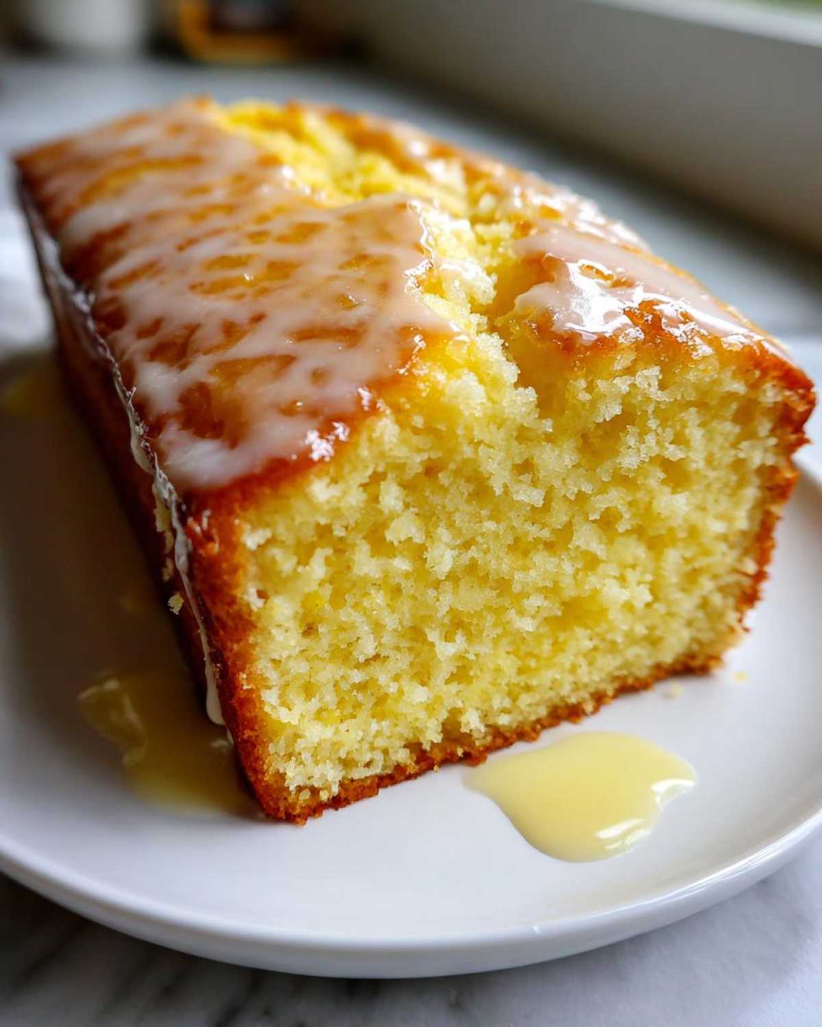 A close-up of a slice of moist lemon pound cake topped with a thick, dripping lemon glaze.