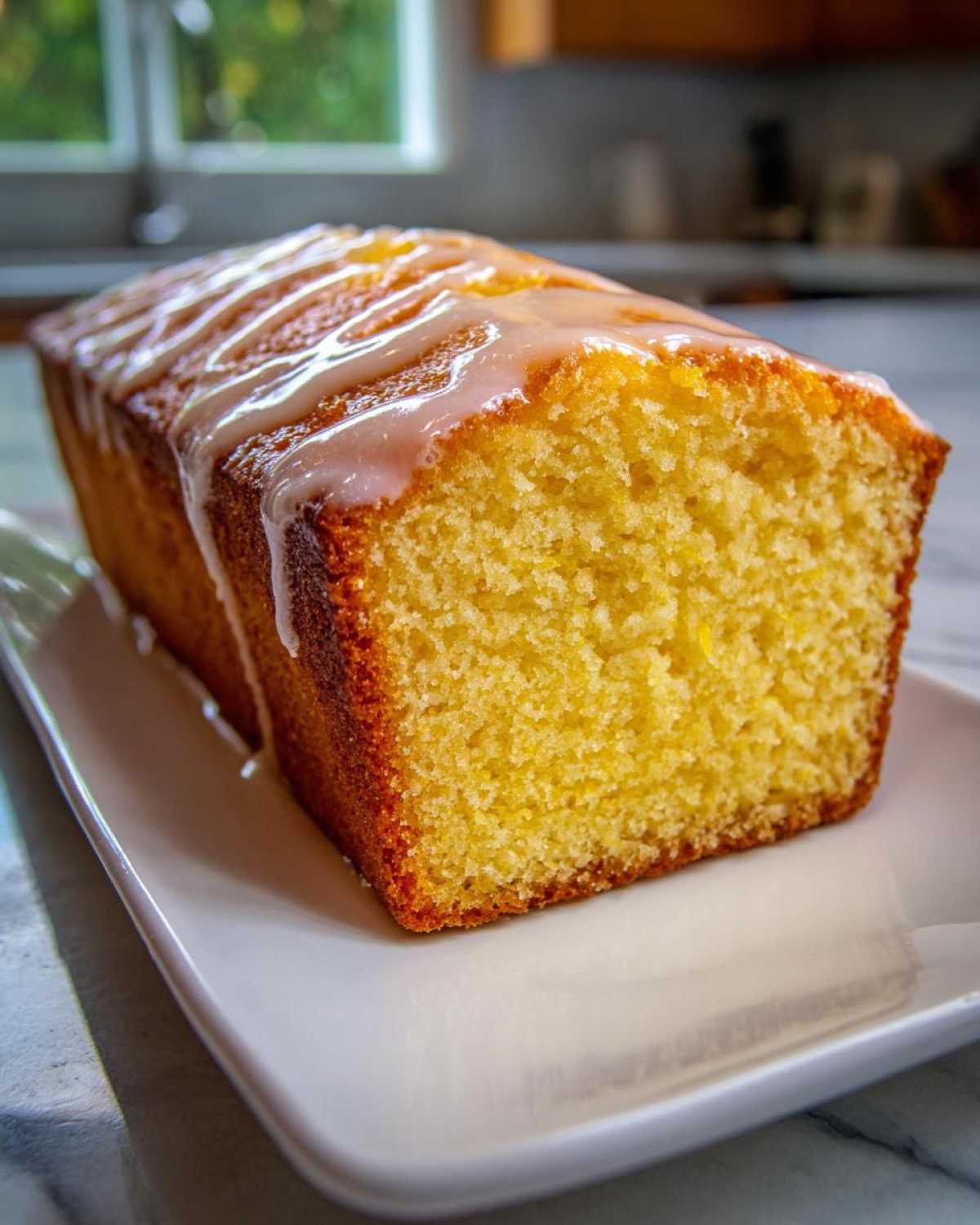 A close-up of a freshly baked lemon pound cake loaf with a thick, white glaze drizzled over the top.