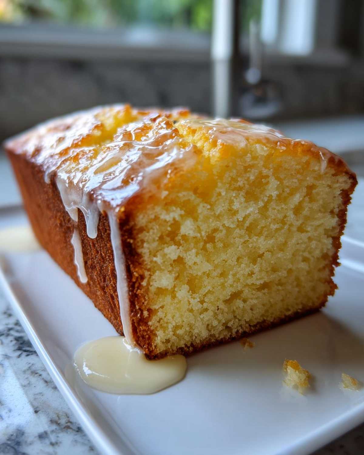 A close-up of a freshly baked lemon pound cake loaf, drizzled with thick white glaze.