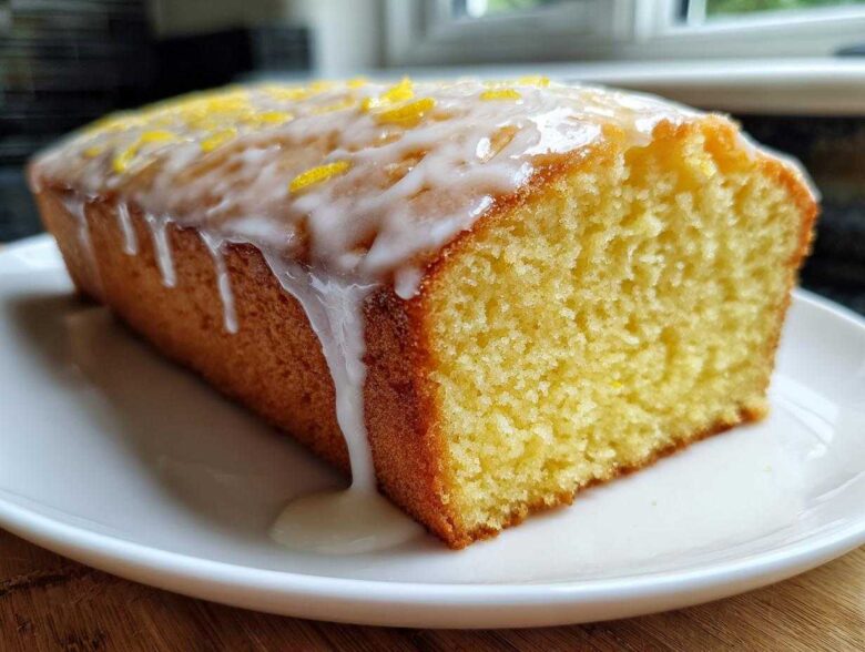 Close-up of a moist lemon pound cake loaf topped with white glaze and lemon zest.