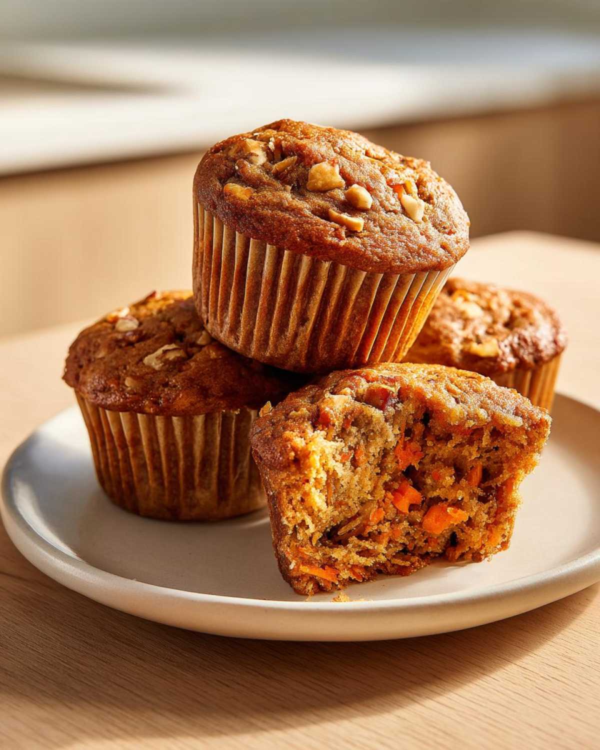 Close-up of moist morning glory muffins, one broken open showing shredded carrots inside.