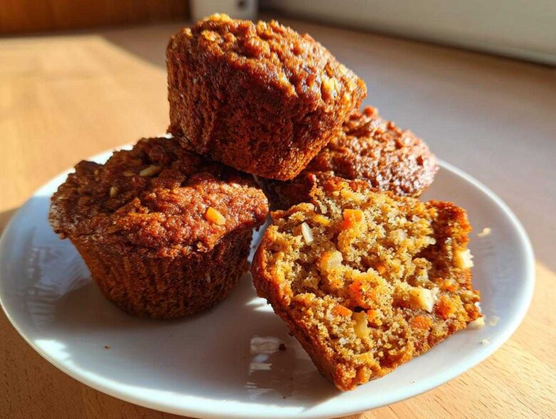 A stack of three moist morning glory muffins, with one cut open showing carrots and nuts inside.