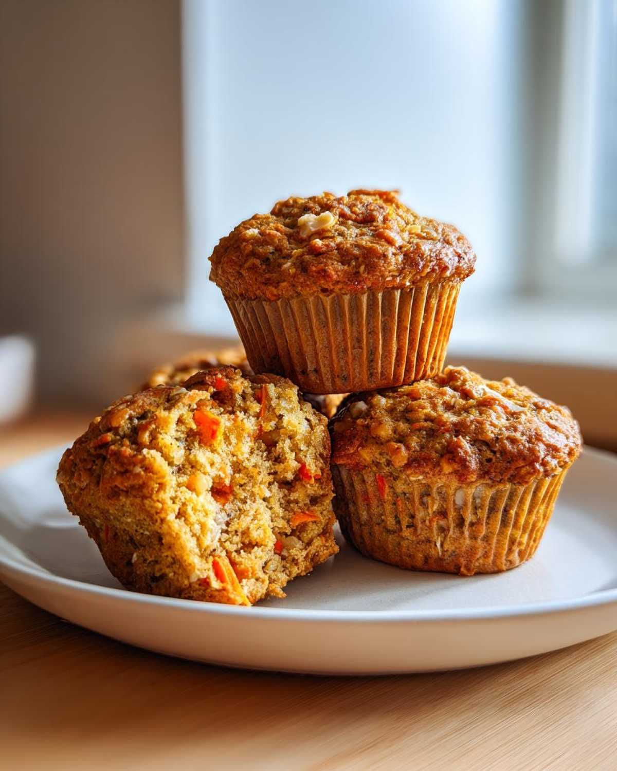 Three moist morning glory muffins stacked on a white plate, one broken open showing carrots and nuts.