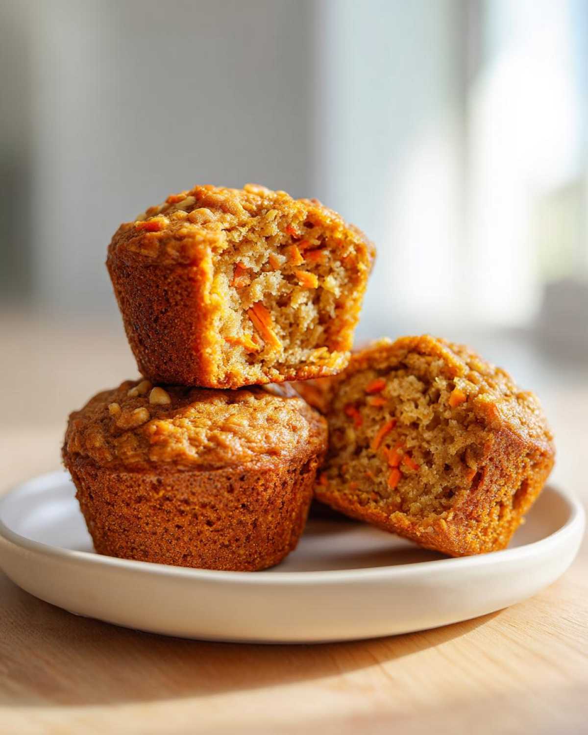 Three moist morning glory muffins, one cut in half showing shredded carrots and texture, stacked on a small white plate.