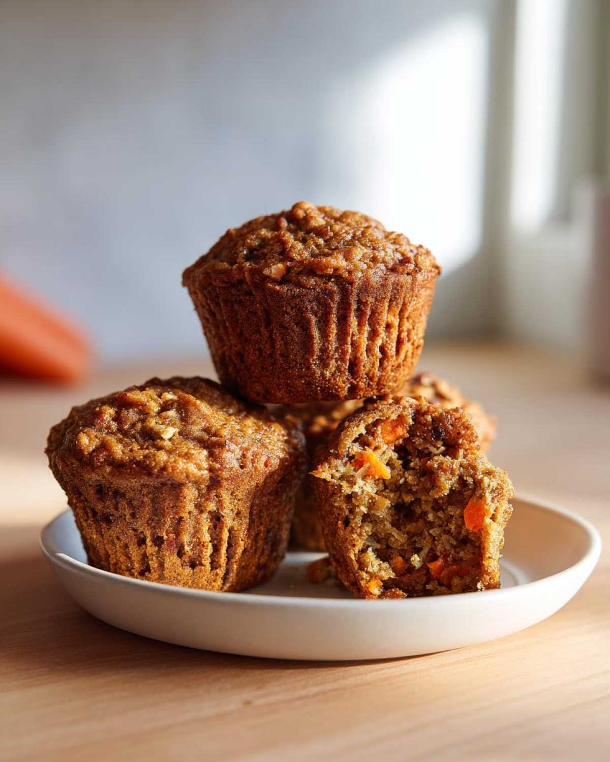 A stack of three moist morning glory muffins, one broken open showing carrots and texture.