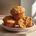 Three moist morning glory muffins stacked on a plate, one cut in half showing shredded carrots inside.