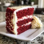A tall, moist slice of red velvet cake with three layers and thick cream cheese frosting, served on a white plate.
