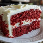 Close-up of a moist slice of red velvet cake layered with thick cream cheese frosting.