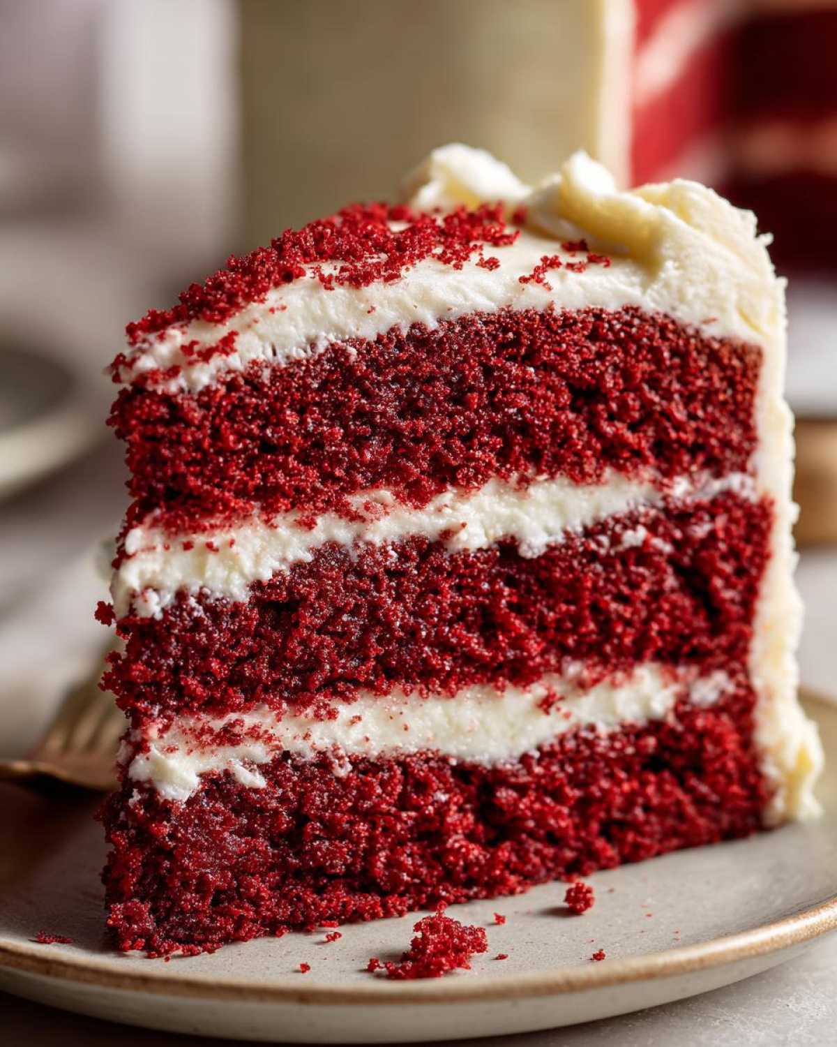 Close-up of a tall, moist slice of three-layer red velvet cake with thick white cream cheese frosting.