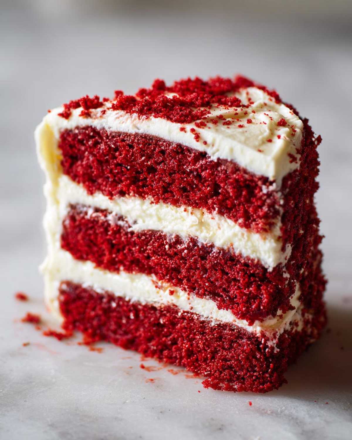 Close-up of a moist slice of red velvet cake with three layers and thick cream cheese frosting.