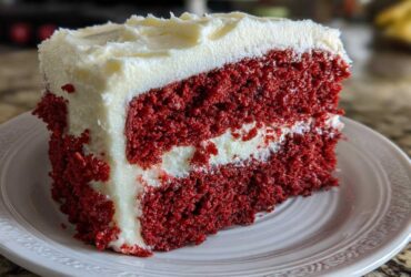 Close-up of a moist slice of red velvet cake layered with thick cream cheese frosting.