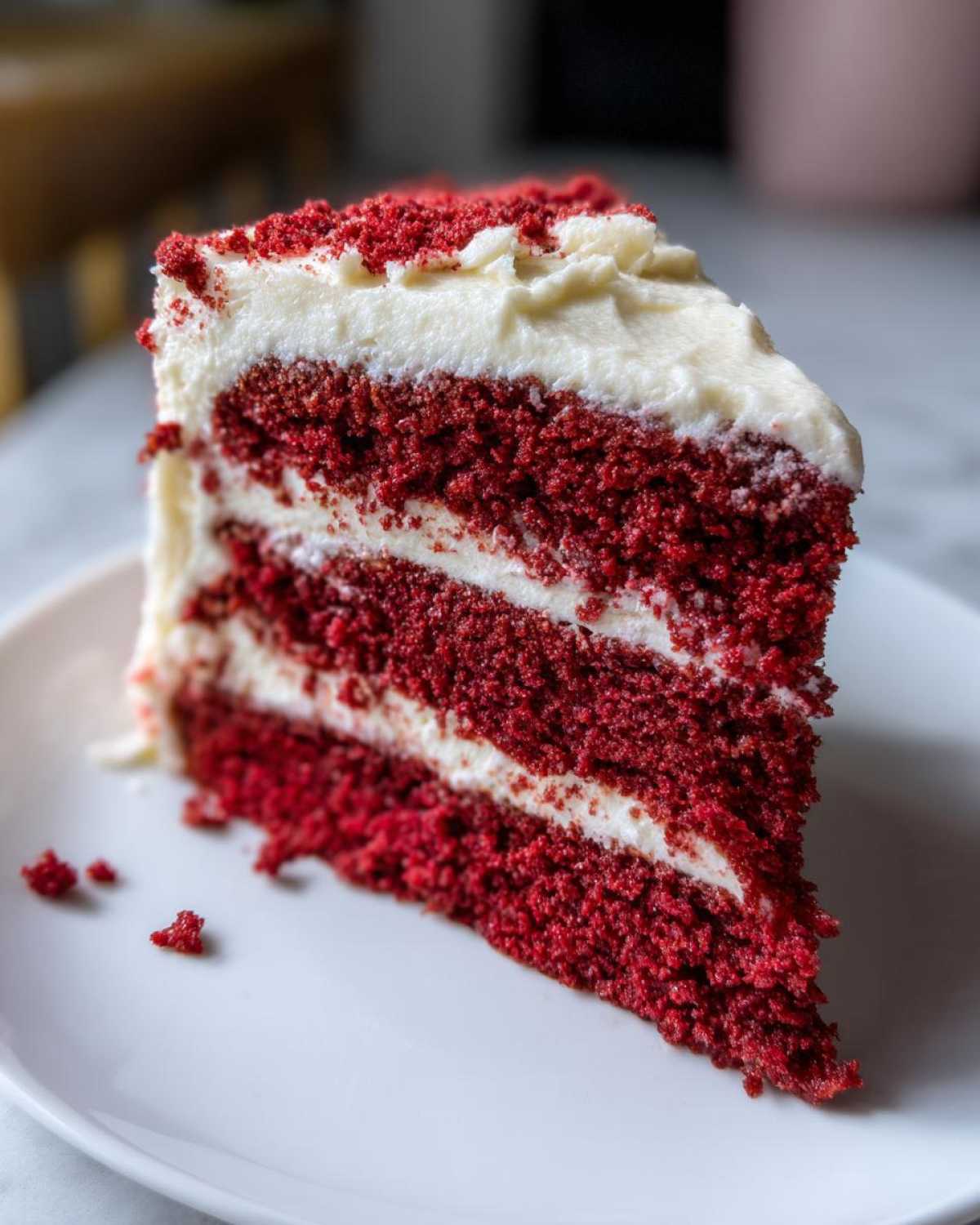 A tall, moist slice of red velvet cake showing three layers of deep red cake separated by white cream cheese frosting.