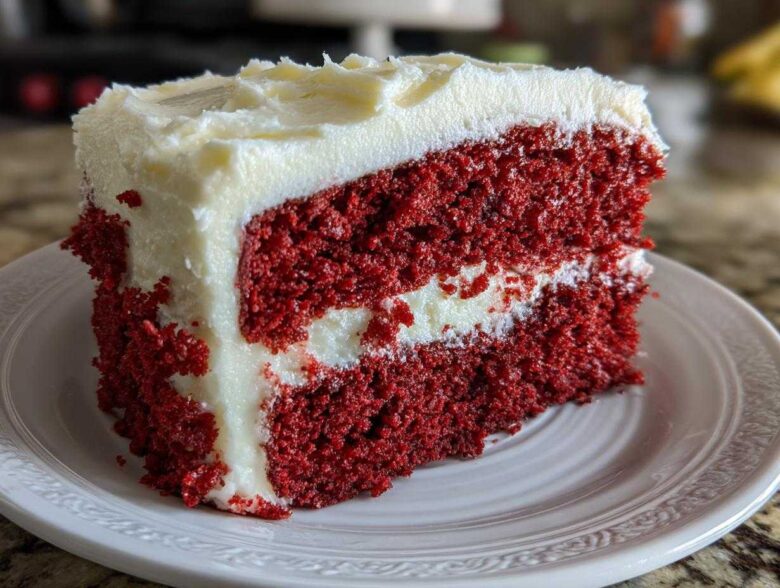 Close-up of a moist slice of red velvet cake layered with thick cream cheese frosting.