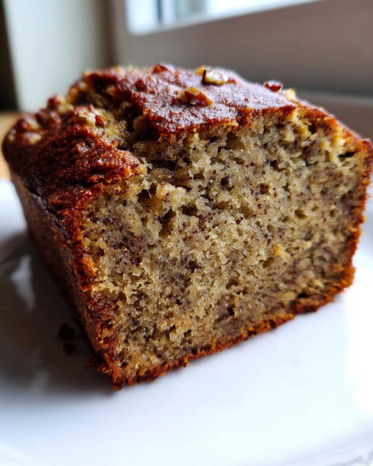 Close-up of a thick slice of moist sugar free banana bread topped with chopped nuts.