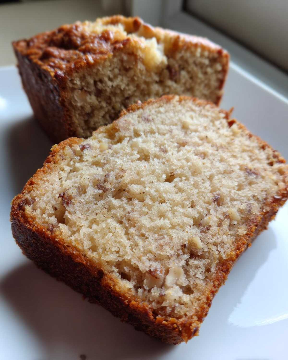 Close-up of a moist slice of sugar free banana bread showing its crumb texture and nuts.