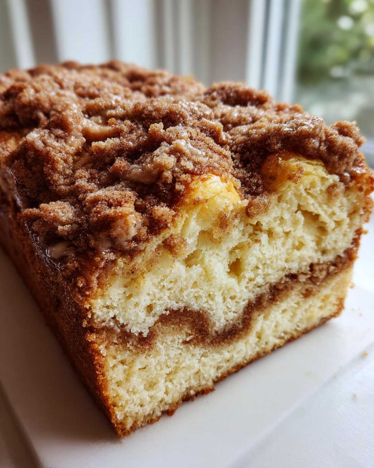 A close-up cross-section of a slice of moist sour cream coffee cake showing a thick cinnamon swirl and crumbly streusel topping.