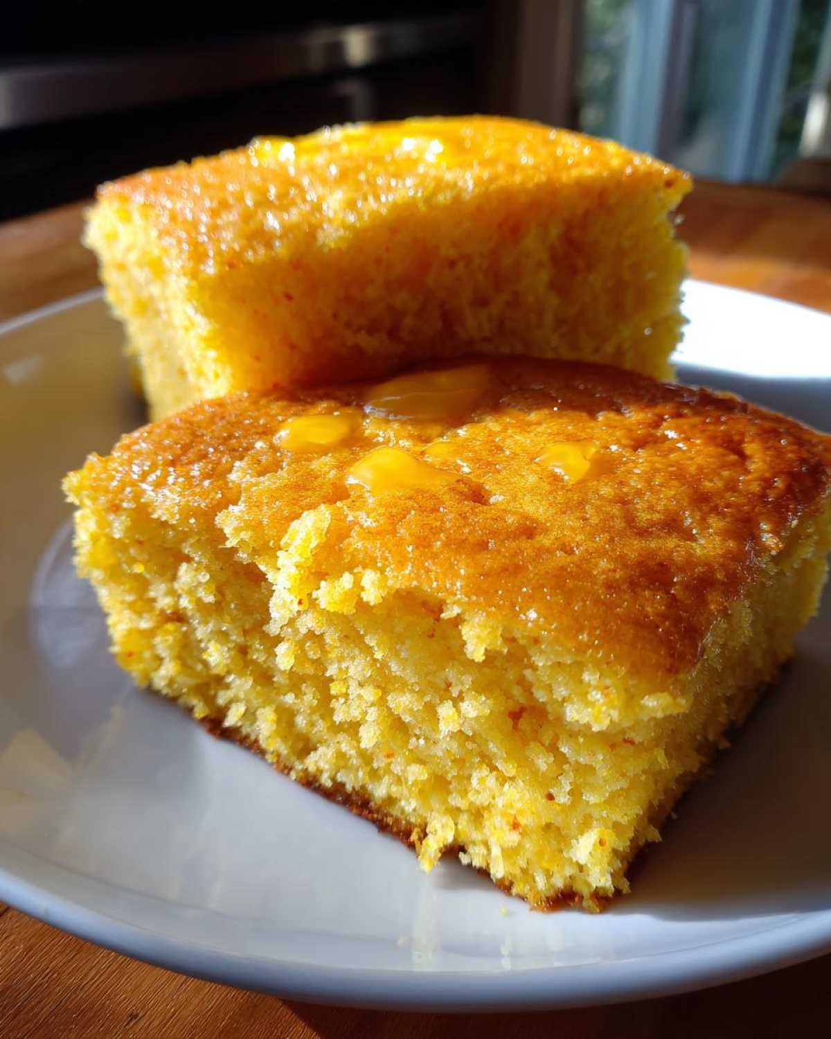 Two golden slices of moist sourdough cornbread stacked slightly, glistening with melted butter or honey.