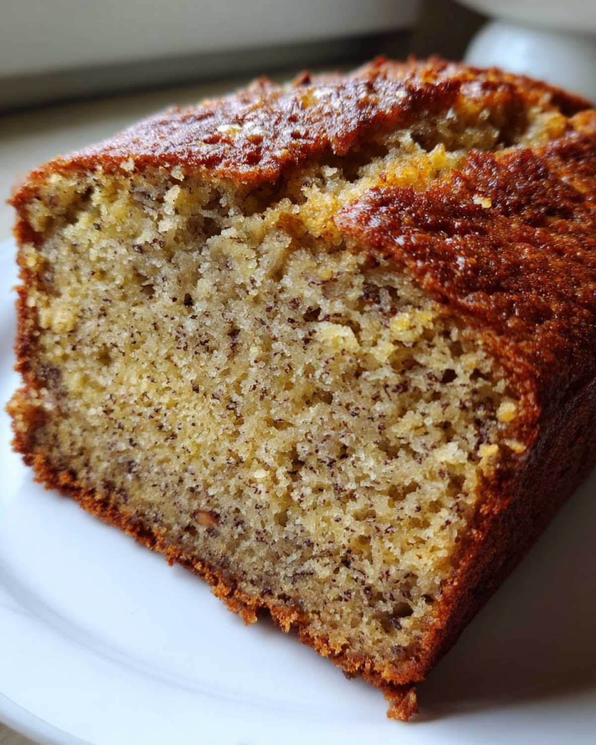 Close-up of a moist slice of sugar free banana bread showing the crumb texture and dark banana flecks.