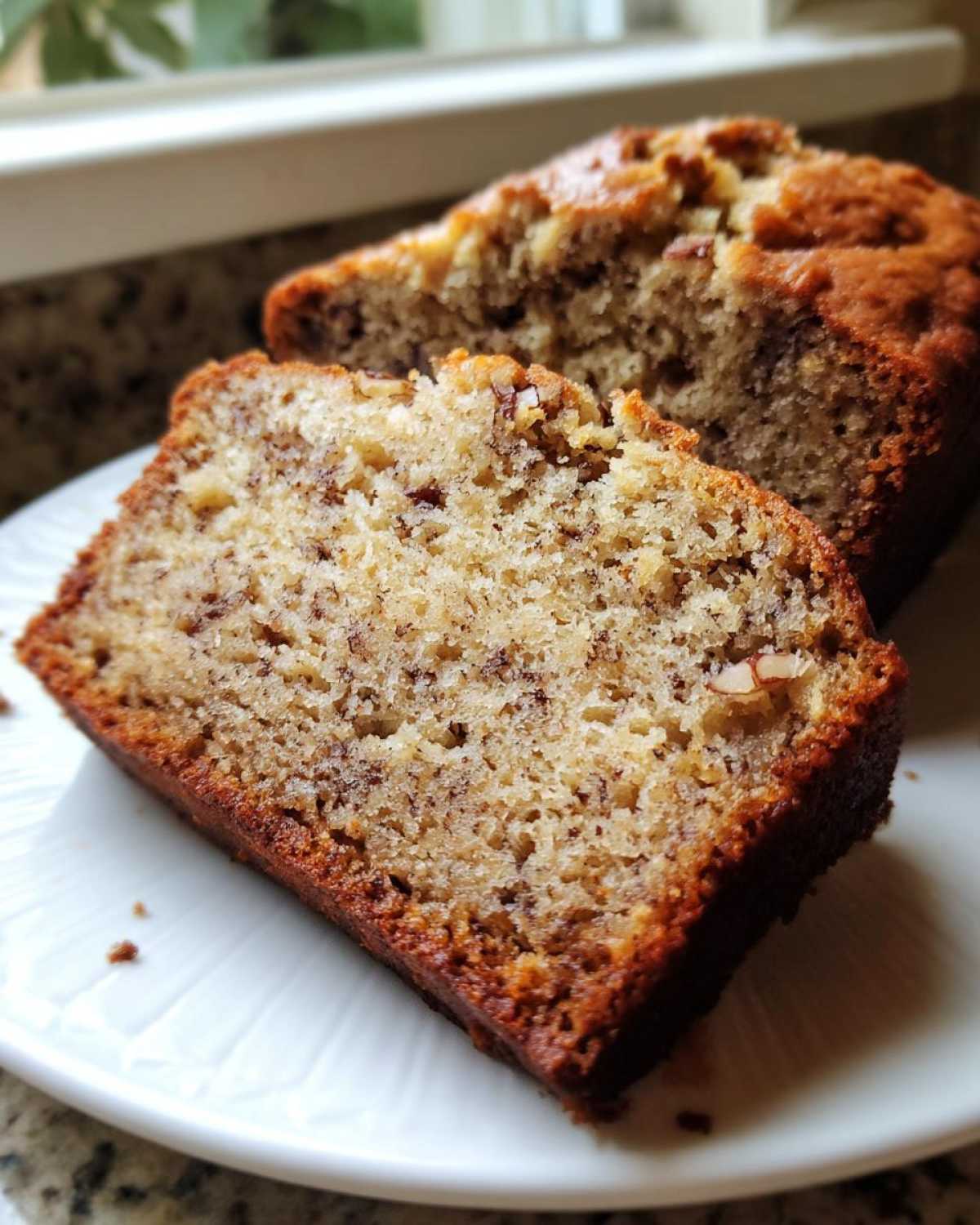 Close-up of a moist slice of sugar free banana bread showing its texture and nuts.