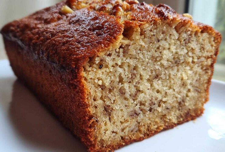 Close-up of a moist slice of sugar free banana bread loaf with a golden-brown crust and visible banana flecks.