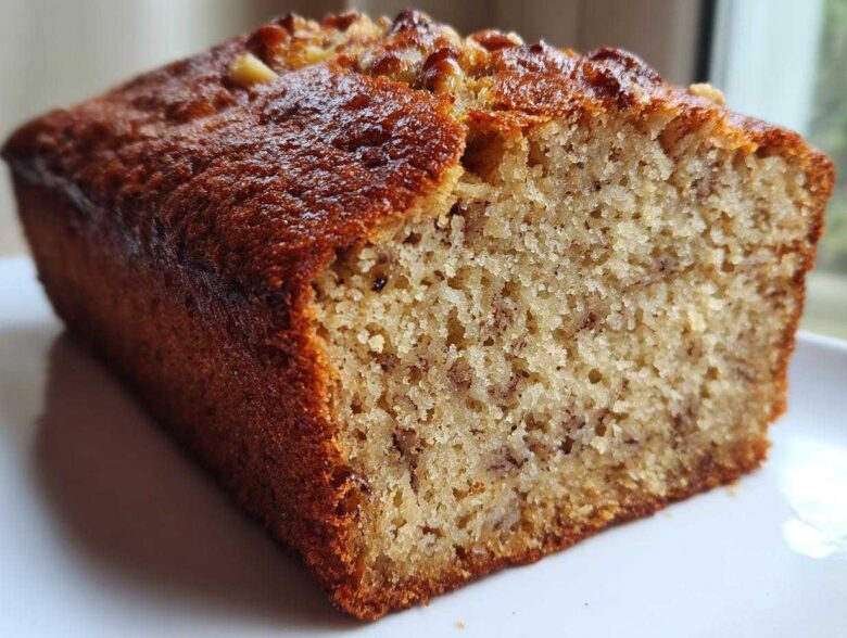 Close-up of a moist slice of sugar free banana bread loaf with a golden-brown crust and visible banana flecks.