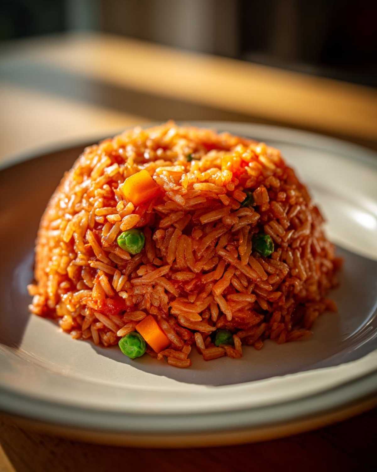 A close-up of a perfectly molded serving of flavorful, reddish-orange spanish rice mixed with bright green peas and diced carrots.