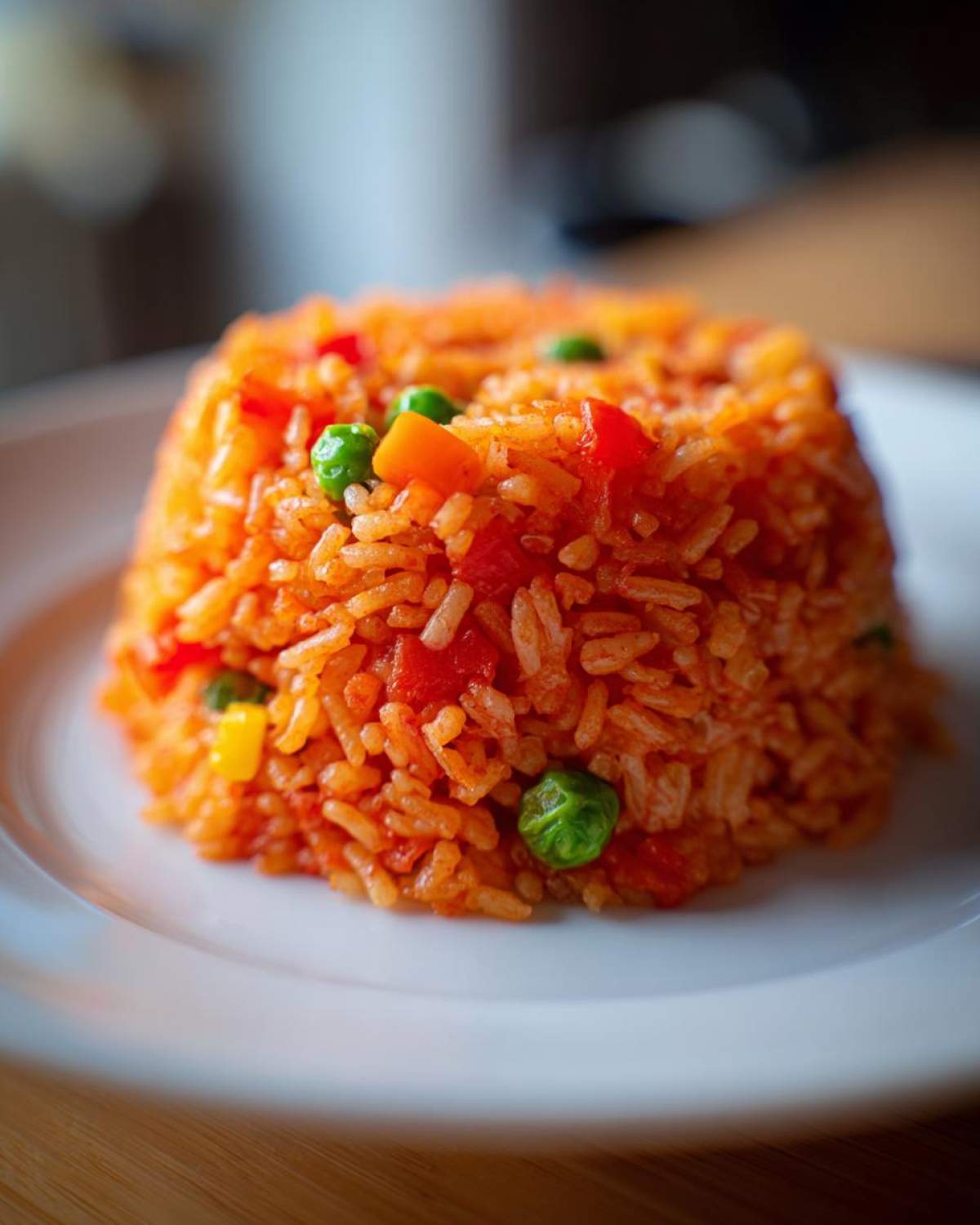 A close-up of a molded serving of vibrant, tomato-colored spanish rice mixed with peas and diced carrots on a white plate.