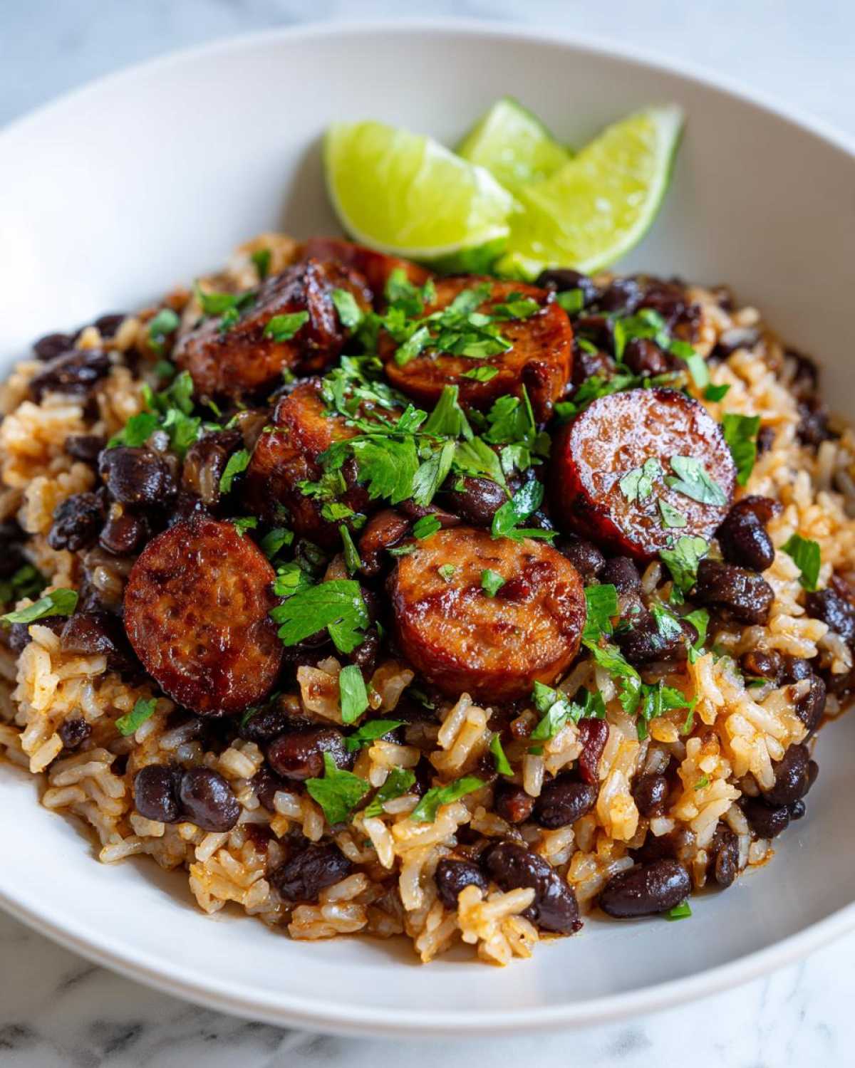 A close-up of a bowl of seasoned black beans and rice topped with sliced, browned sausage and fresh parsley.
