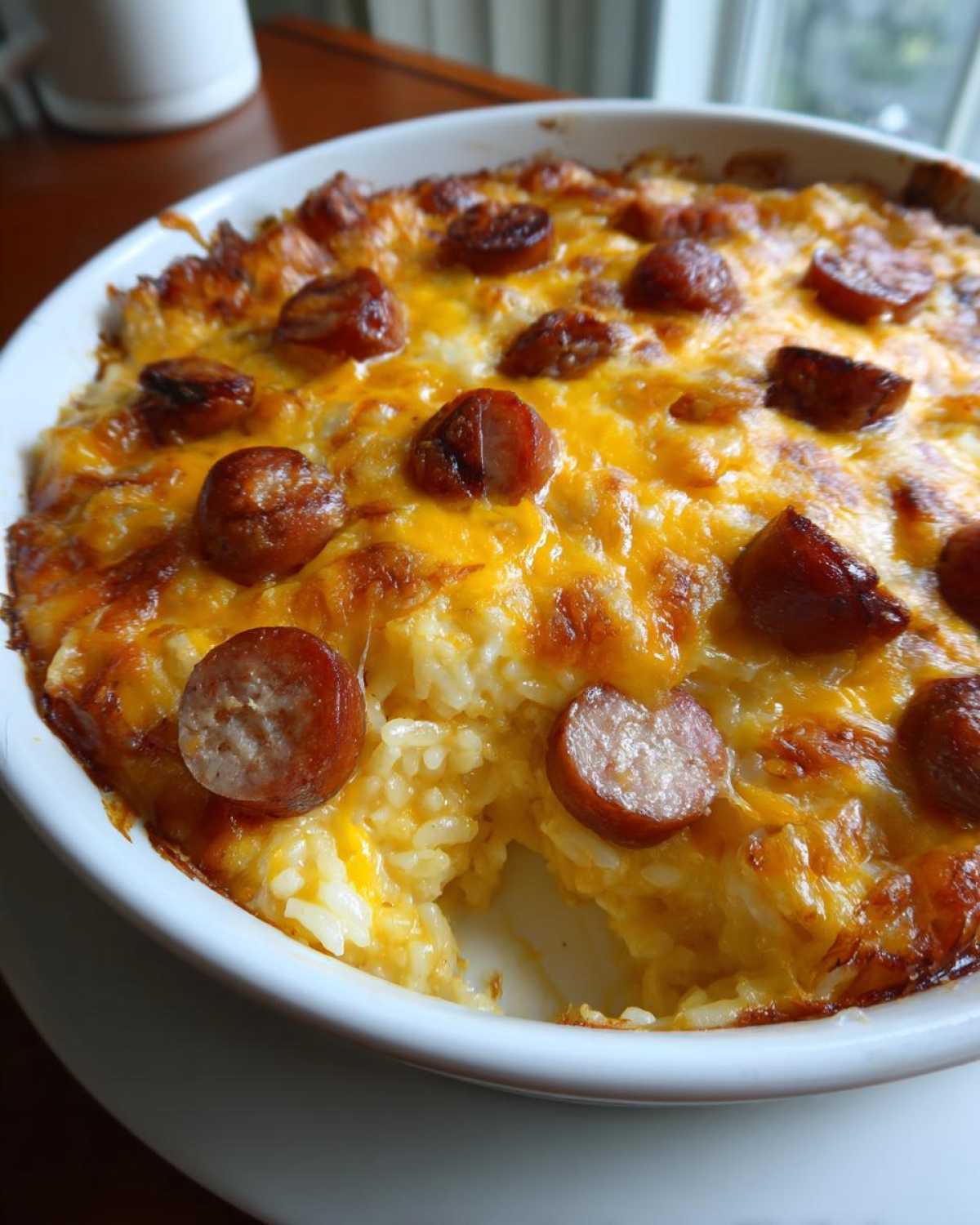 Close-up of a baked sausage and rice casserole topped with melted, browned cheddar cheese.
