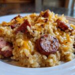 A close-up of creamy, cheesy sausage and rice served on a white plate.