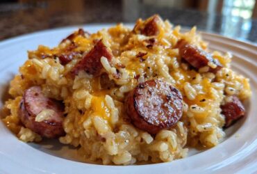 A close-up of creamy, cheesy sausage and rice served on a white plate.