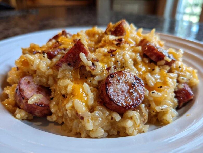 A close-up of creamy, cheesy sausage and rice served on a white plate.