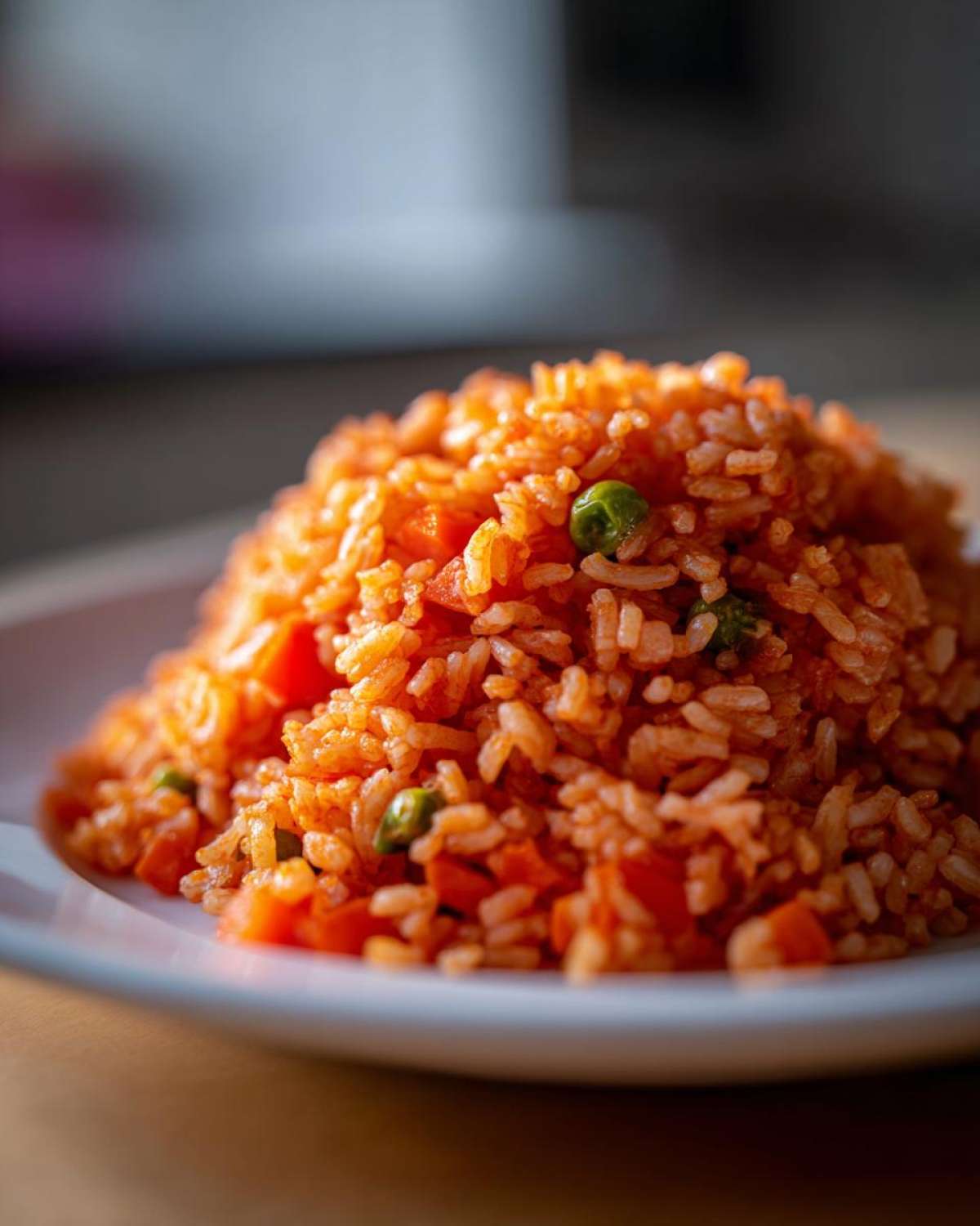 Close-up of a mound of bright orange Spanish rice mixed with diced carrots and green peas on a white plate.