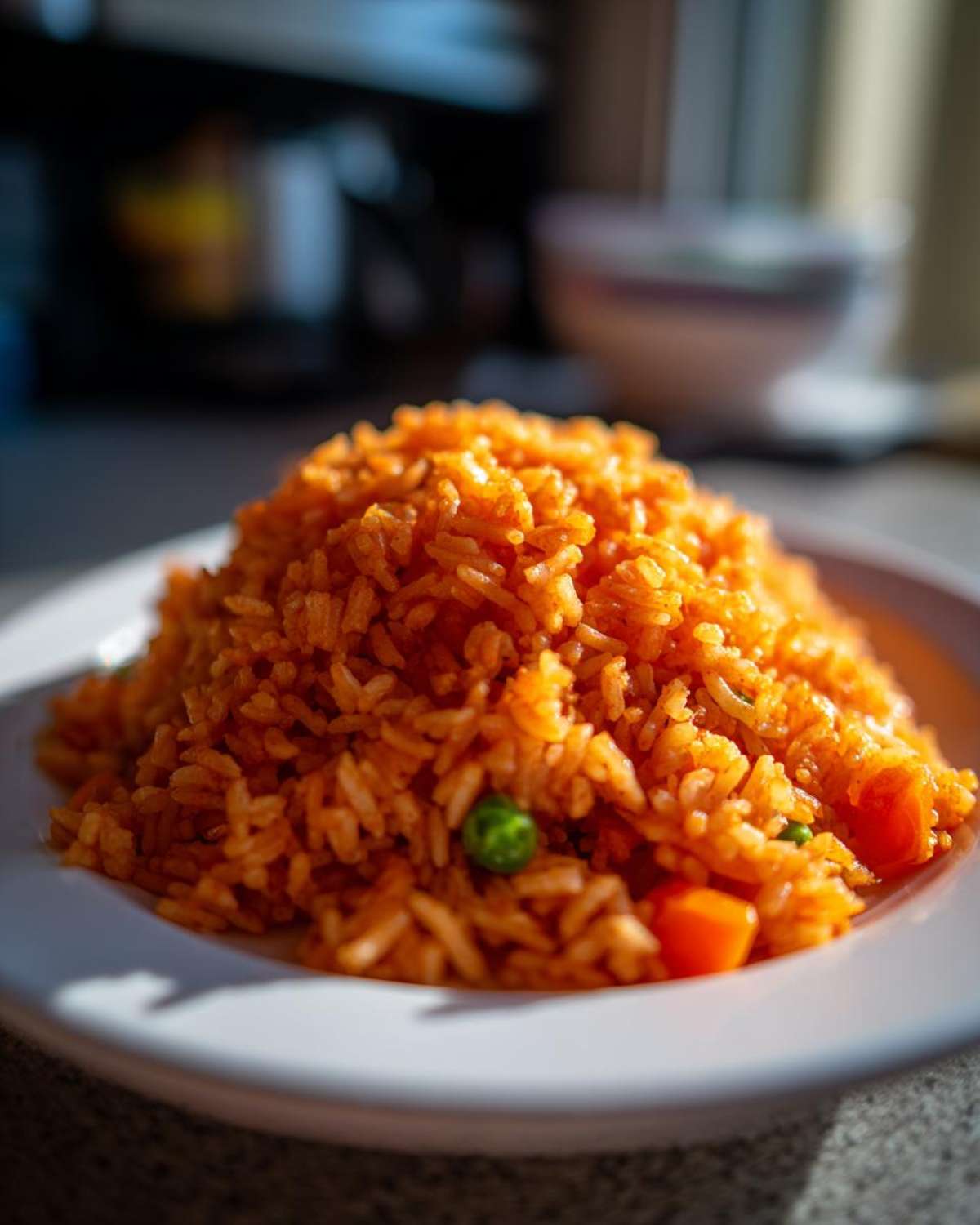 A close-up of a perfectly cooked mound of vibrant orange spanish rice, featuring visible peas and diced carrots, served on a white plate.
